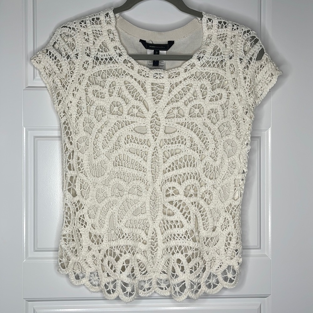 BCBG Maxazria Morton Gardenia Cream Crochet Top Size Small